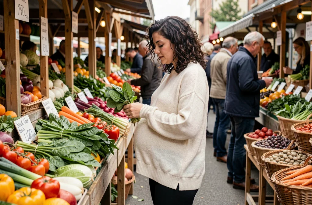 Femme enceinte choisissant des légumes frais au marché pour une alimentation saine pendant la grossesse