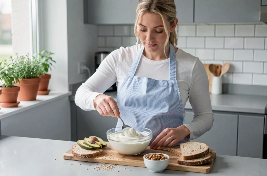 Femme enceinte préparant un petit-déjeuner nutritif avec yaourt, avocat et noix pour une grossesse sereine