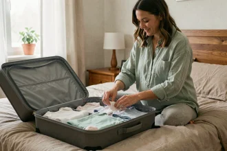 Femme enceinte préparant sa valise de maternité avec des vêtements de bébé soigneusement pliés sur un lit