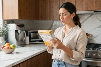 Femme lisant l'étiquette nutritionnelle d'un produit sucré dans une cuisine moderne pour identifier le sucre caché