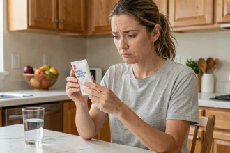 Femme tenant un produit de perte de poids IT Works et l'examinant avec scepticisme dans une cuisine moderne