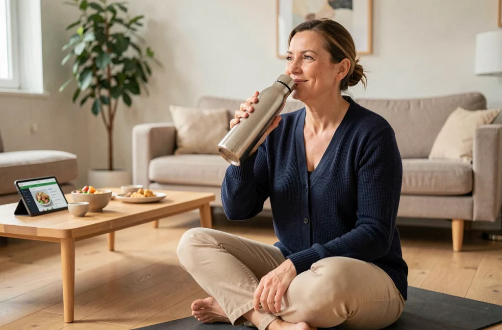 Femme buvant à une gourde pendant une séance de yoga à domicile, symbolisant l'hydratation essentielle lors d'un rééquilibrage alimentaire