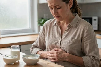 Femme souffrant d'intolérance au lactose tenant son ventre après avoir consommé des produits laitiers dans sa cuisine