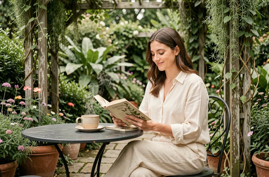 Jeune femme lisant un livre sur les plantes médicinales dans un jardin botanique avec une tasse de mélange adaptogène sur une table en fer forgé