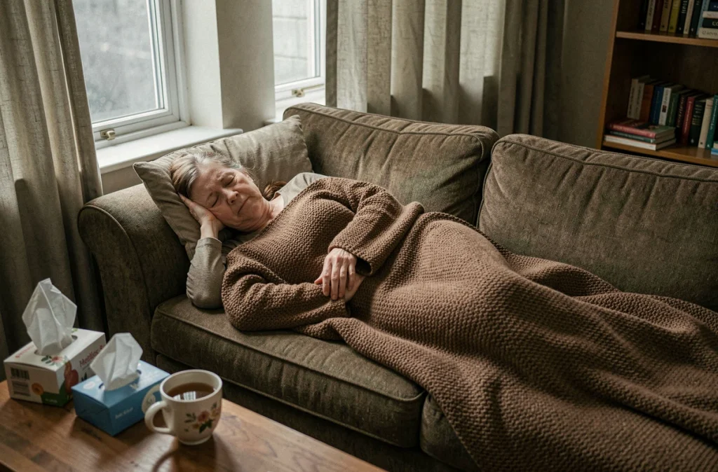 Femme d'âge mûr alitée chez elle avec une forme sévère de grippe, entourée de tisanes et mouchoirs, visage fatigué