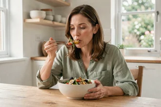 Femme mangeant lentement une salade colorée dans une cuisine scandinave lumineuse, illustrant la régulation de l'appétit par une alimentation consciente