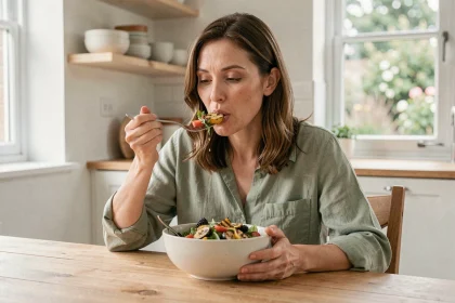 Femme mangeant lentement une salade colorée dans une cuisine scandinave lumineuse, illustrant la régulation de l'appétit par une alimentation consciente