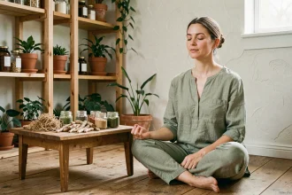 Femme en méditation entourée de plantes adaptogènes séchées et de poudres de plantes dans un intérieur style scandinave en bois et plâtre naturel
