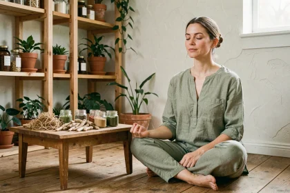 Femme en méditation entourée de plantes adaptogènes séchées et de poudres de plantes dans un intérieur style scandinave en bois et plâtre naturel