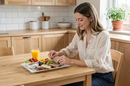 Femme préparant un petit-déjeuner équilibré avec fruits frais, yaourt et pain complet dans une cuisine moderne