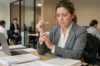 Femme active souffrant de polyarthrite rhumatoïde au bureau, massant sa main douloureuse tout en travaillant