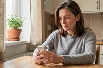 Femme prenant de la cortisone avec un verre d'eau à la maison, illustrant le suivi quotidien d'un traitement médicamenteux
