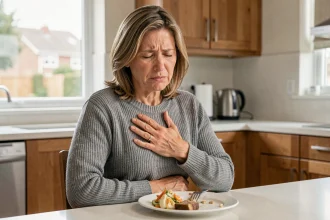 Femme d'une cinquantaine d'années souffrant de reflux gastrique à la table de cuisine, main sur la poitrine