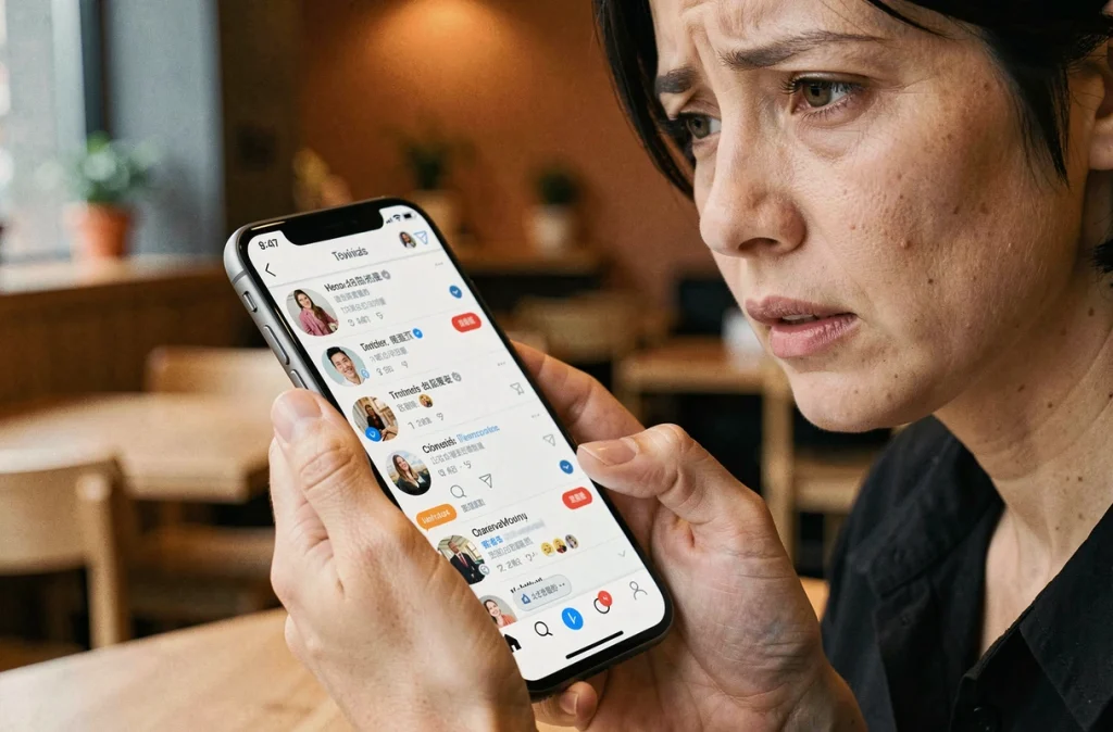 Femme consultant son smartphone dans un café, illustrant la propagation de rumeurs sur les réseaux sociaux concernant la maladie d'une personnalité