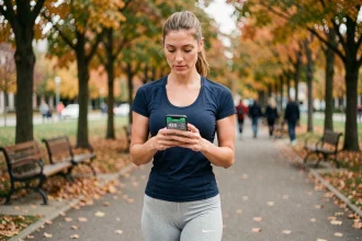 Femme sportive consultant une application de conversion de pas en kilomètres sur son smartphone pendant une marche en parc urbain