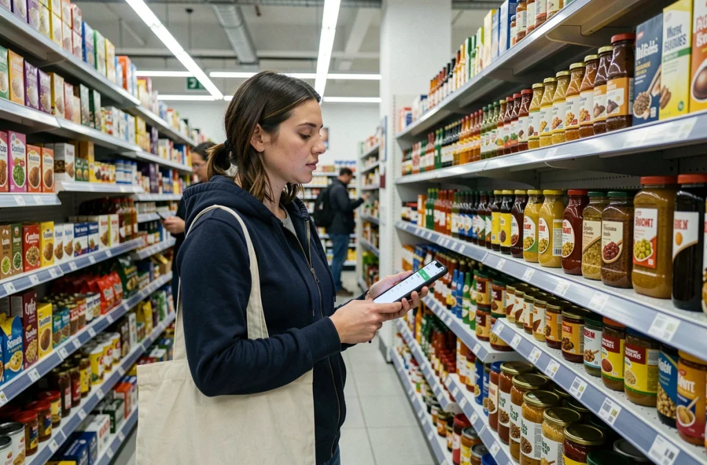 Jeune femme au supermarché consultant son téléphone pour vérifier le sucre caché dans les sauces et condiments