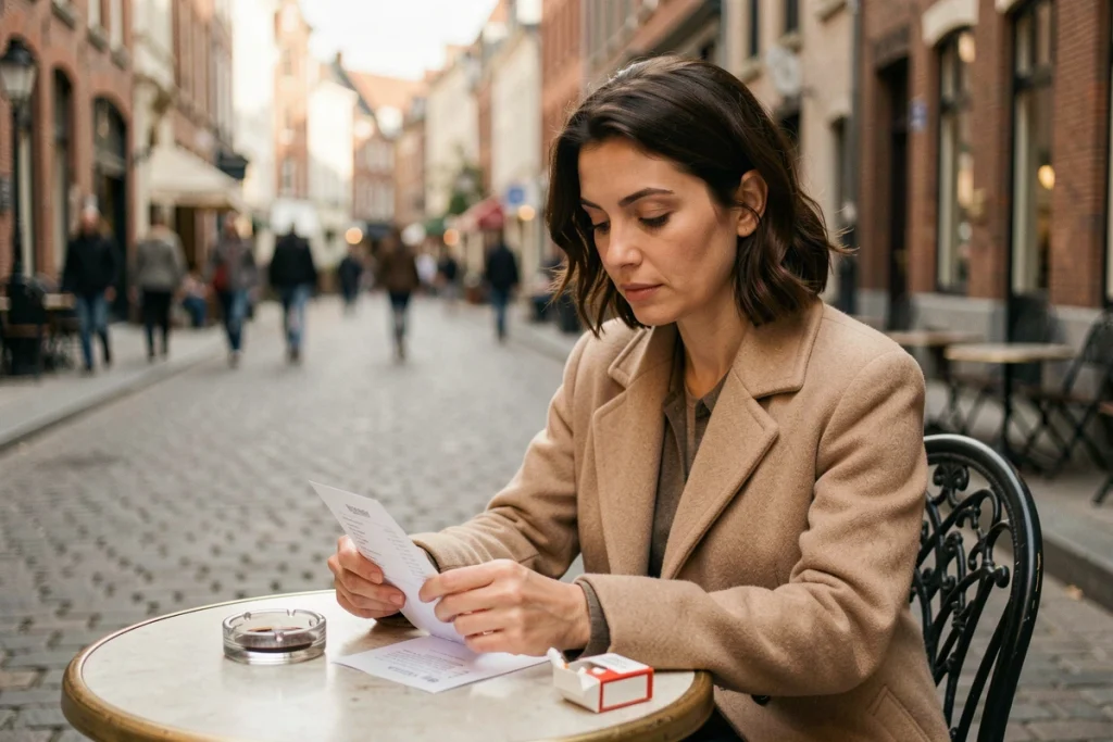 Une femme pensive attablée en terrasse à Bruxelles avec un paquet de cigarettes et un reçu reflétant la hausse des prix