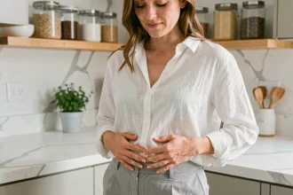 Femme tenant son ventre gonflé dans une cuisine moderne, illustrant les ballonnements abdominaux et la recherche de probiotiques
