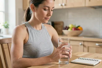 Femme tenant un grand verre d'eau dans une cuisine, illustrant l'importance de l'hydratation pendant un rééquilibrage alimentaire