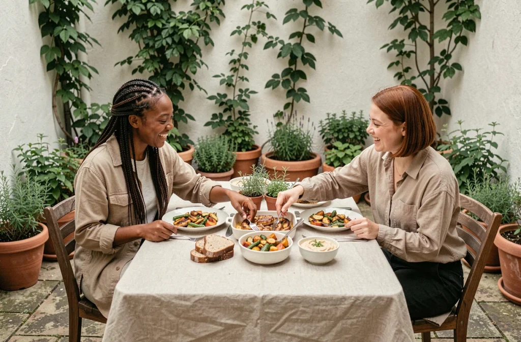 Deux femmes partageant un repas convivial en plein air dans un jardin urbain, symbolisant une relation saine et joyeuse avec la nourriture