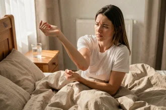 Femme qui se réveille avec des fourmis dans le bras, assise dans son lit en lin beige le matin