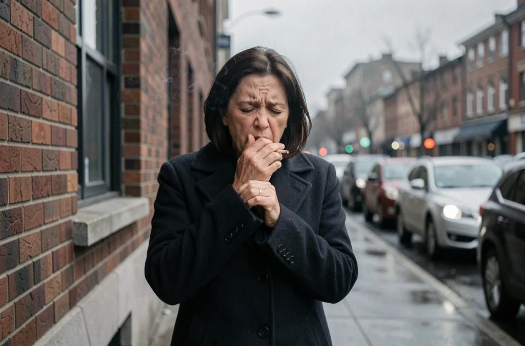 Femme fumeuse toussant à l'extérieur tenant une cigarette, illustrant les risques de bronchite chronique liés au tabagisme