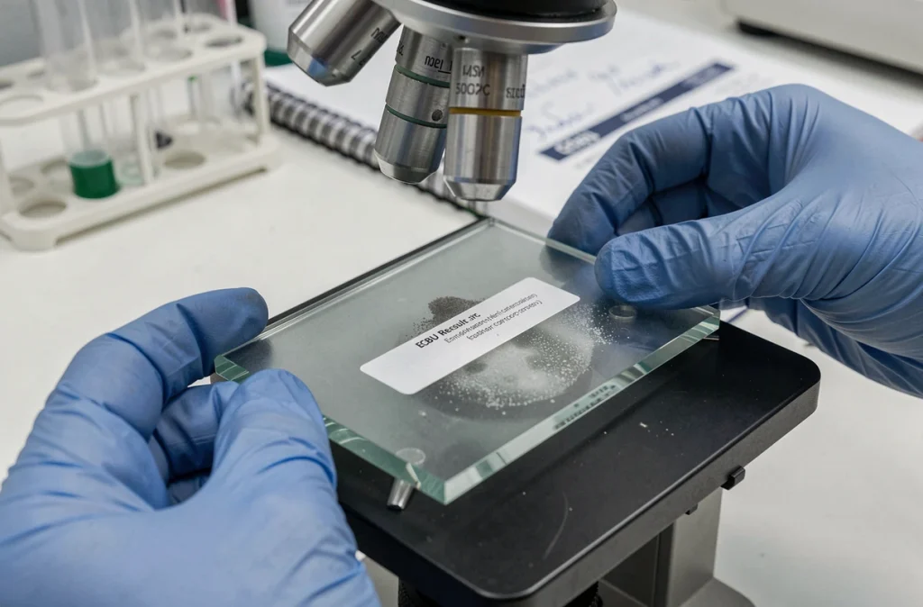 Gros plan sur une lame de microscope contenant un sédiment urinaire pour interprétation d'ECBU