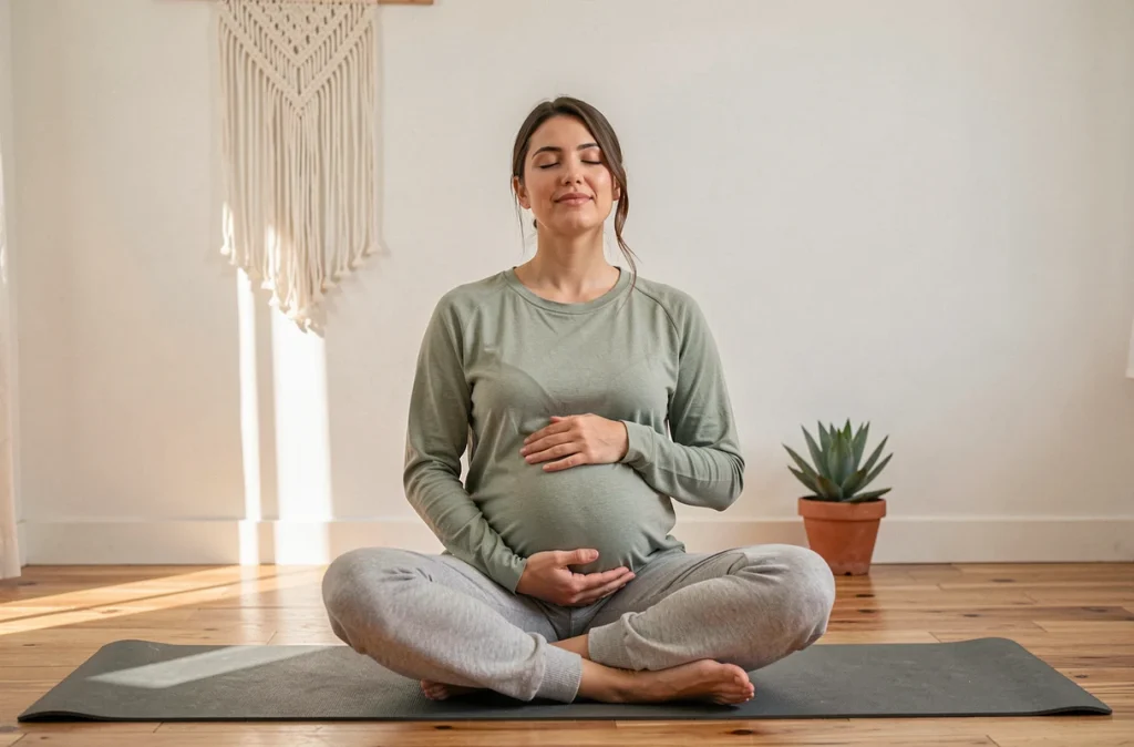Femme enceinte en position de méditation sur un tapis de yoga dans un studio à domicile, illustrant la gestion des effets hormonaux pendant la grossesse