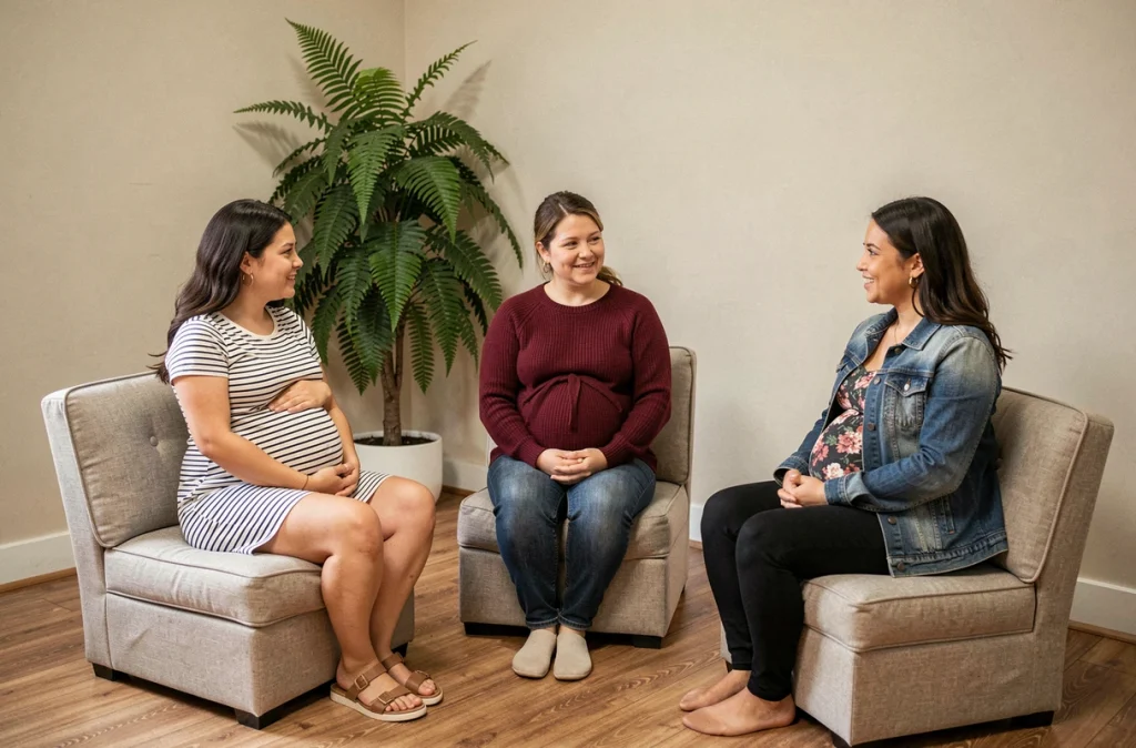 Groupe de soutien pour femmes enceintes partageant leur vécu émotionnel dans un espace de bien-être communautaire