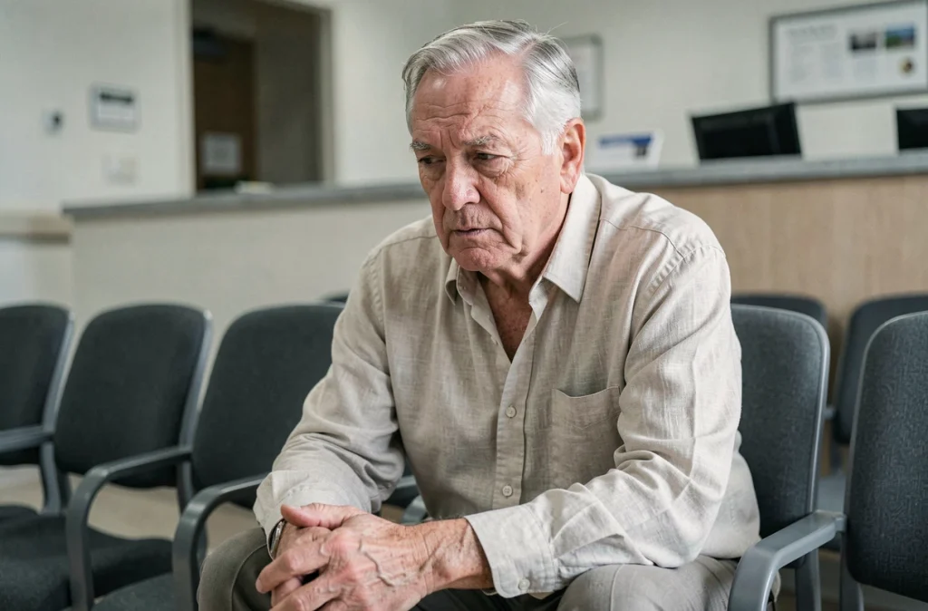 Homme âgé assis dans une salle d'attente d'hôpital, illustrant l'importance du diagnostic précoce des démangeaisons liées au cancer