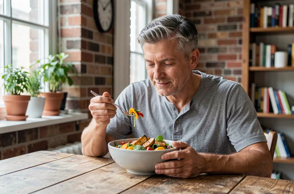 Homme savourant consciemment un bol de salade colorée à une table en bois, illustration de l'alimentation intuitive au quotidien