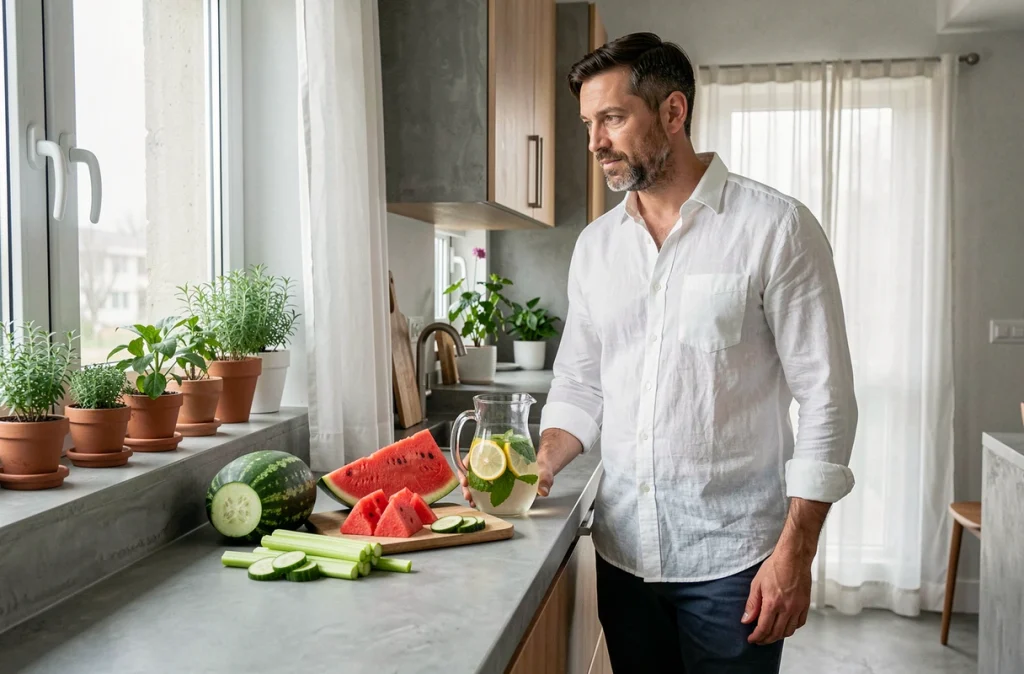 Homme devant des aliments hydratants et une carafe d'eau infusée, pour illustrer l'hydratation dans un rééquilibrage alimentaire