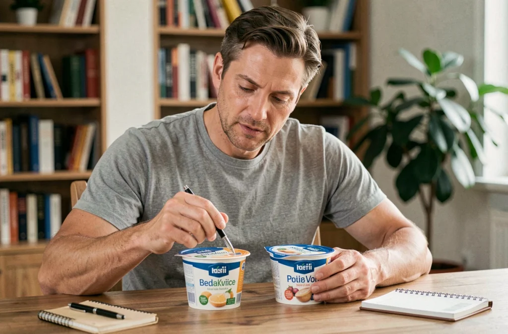 Homme comparant la teneur en sucre de deux yaourts pour réduire sa consommation de sucre caché et mincir