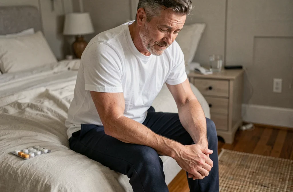 Homme en convalescence à domicile tenant son genou douloureux, illustrant l'attente des effets de la cortisone jour après jour