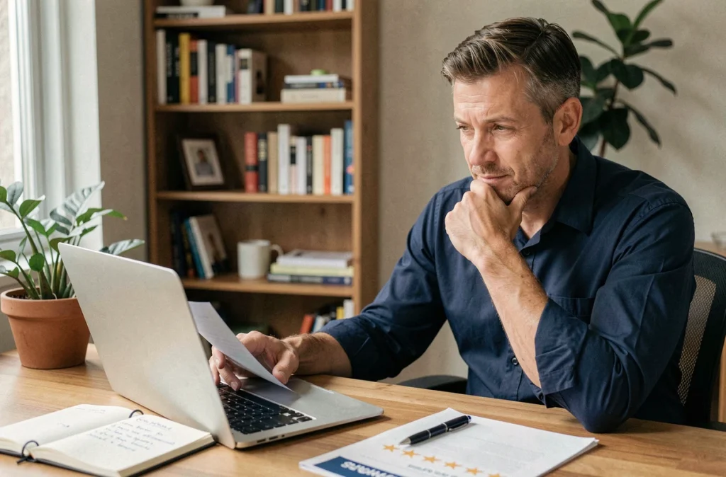 Homme lisant des avis clients en ligne sur un produit minceur IT Works depuis son bureau à domicile