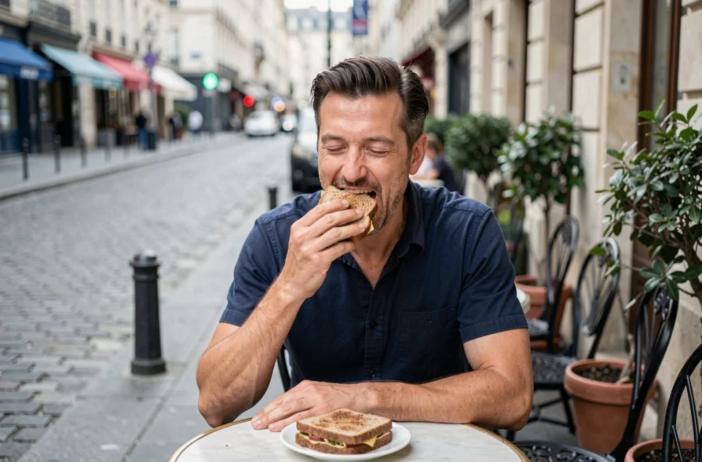 Homme dégustant lentement un sandwich en terrasse de café parisien, symbolisant l'alimentation consciente pour réguler l'appétit au quotidien