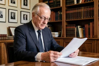 Portrait d'un homme politique français âgé assis à son bureau examinant des documents officiels dans un bureau parisien classique