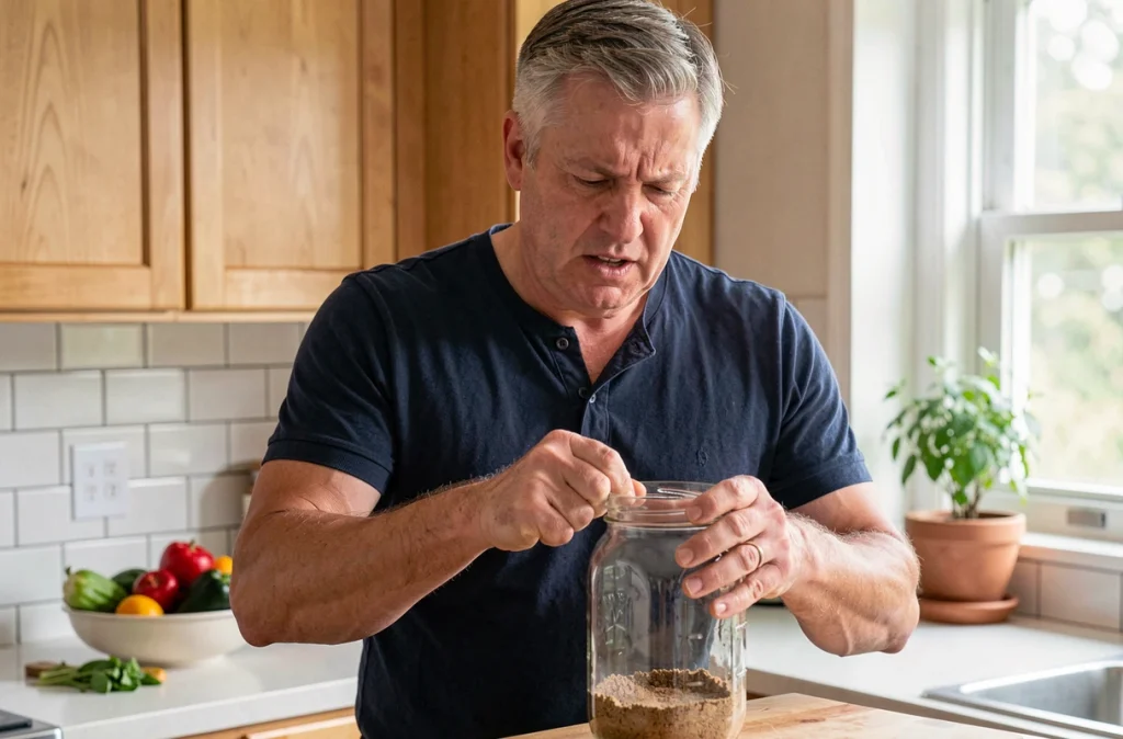Homme d'âge moyen avec polyarthrite rhumatoïde tentant d'ouvrir un bocal dans sa cuisine, doigts raides et douloureux