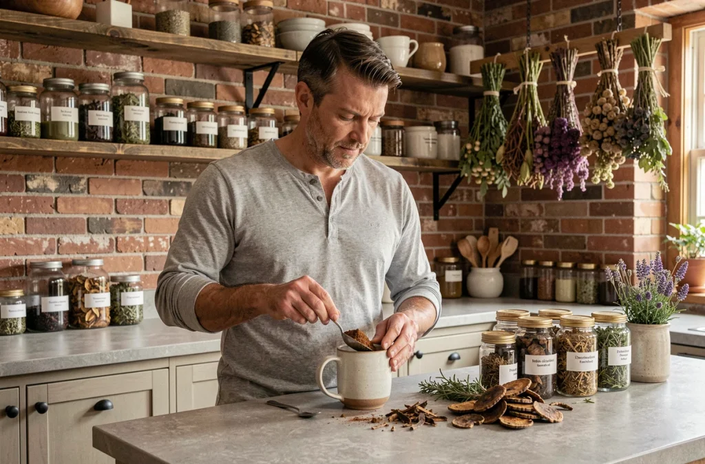 Homme préparant une tisane aux plantes adaptogènes comme le reishi et la rhodiola dans une cuisine rustique avec des herbes séchées et des bocaux de plantes médicinales