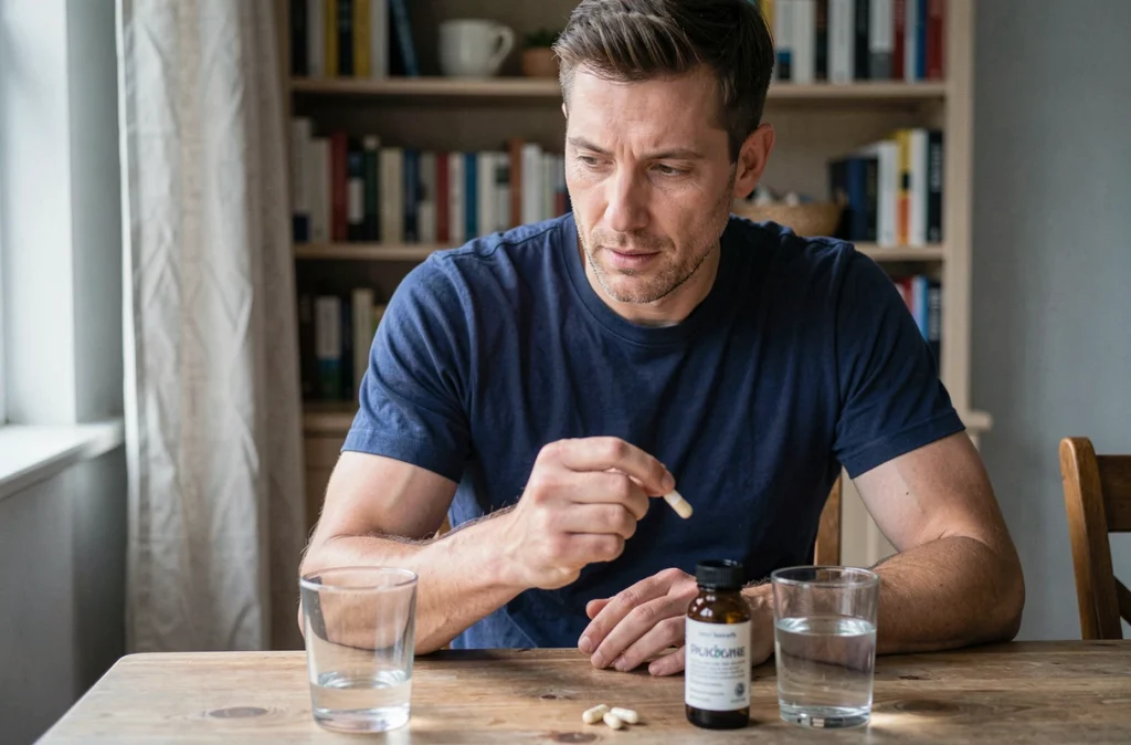 Homme examinant une capsule de probiotique avec un verre d'eau sur une table en bois, pour soulager les ballonnements