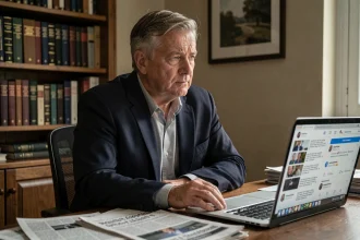 Homme pensif devant un ordinateur affichant des réseaux sociaux, symbolisant la propagation de fausses informations sur la santé de personnalités publiques