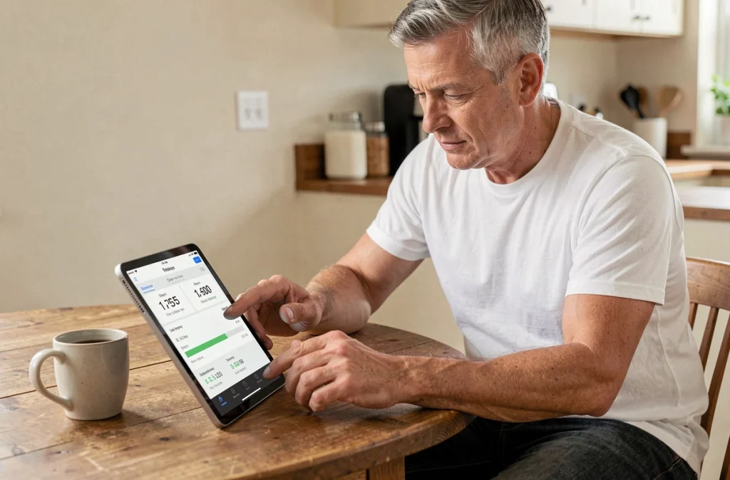 Homme à la quarantaine utilisant une tablette avec une application convertisseur de pas en kilomètres à la maison