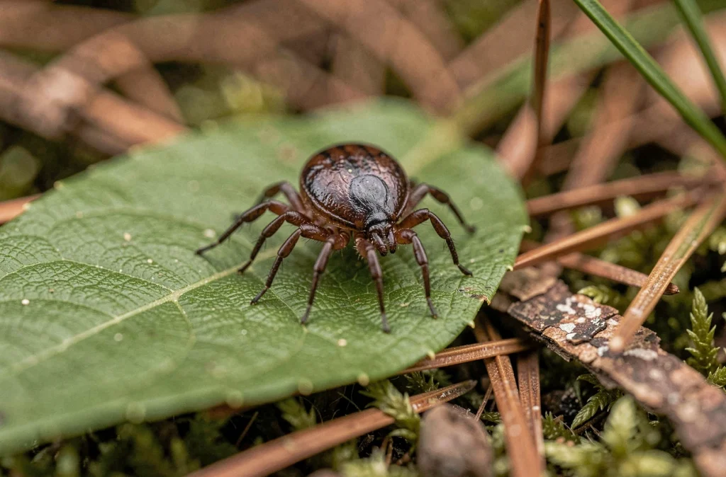 Gros plan macro d'une tique Ixodes ricinus sur une feuille en forêt, vecteur principal de la maladie de Lyme en France