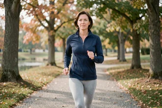 Femme adulte marchant activement dans un parc en automne pour améliorer son sommeil