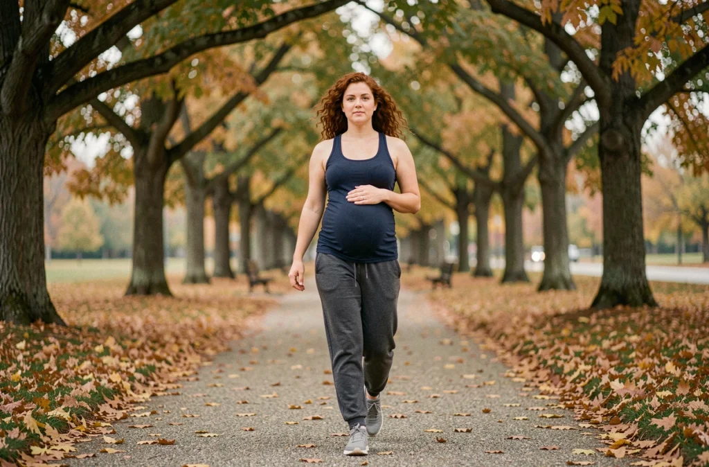 Femme enceinte marchant dans un parc en automne pour une activité physique adaptée