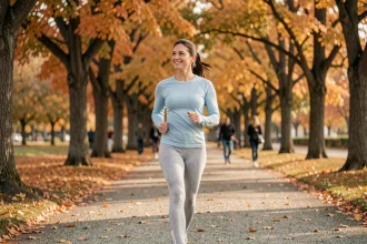 Femme d'une trentaine d'années marchant d'un pas vif sur un chemin de parc en automne pour favoriser la perte de poids par l'activité physique douce