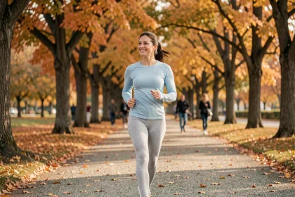 Femme d'une trentaine d'années marchant d'un pas vif sur un chemin de parc en automne pour favoriser la perte de poids par l'activité physique douce