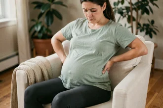 Femme enceinte assise dans un fauteuil tenant son dos, illustrant les douleurs lombaires pendant la grossesse