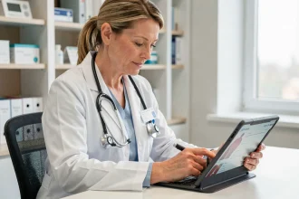 Médecin femme consultant des résultats de dépistage médical sur une tablette dans un cabinet médical moderne