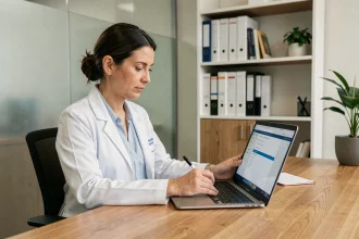 Médecin généraliste consultant un dossier médical numérique sur ordinateur portable dans un cabinet médical moderne
